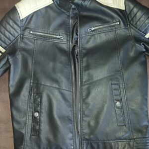 Leather Men's Black and Cream Bomber Jacket